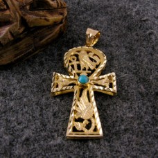 18K Gold Ankh key with Diamond cut pendant With turquoise stone. (jewelry gifts)