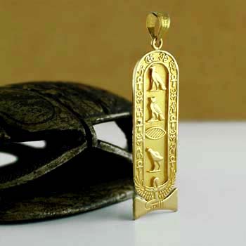 18K SOLID gold Queen Isis Egyptian Cartouche with Ankh key & eye of Hours border.