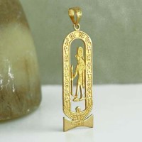 18K SOLID gold Queen Isis open Egyptian Cartouche with Ankh key & eye of Hours border.