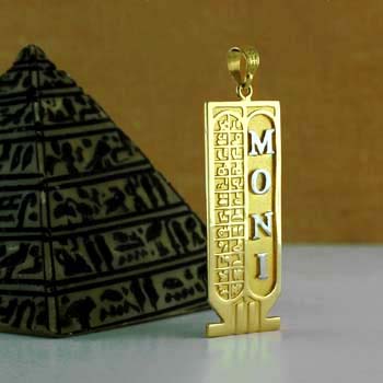 18K SOLID gold Twin Egyptian Cartouche with hieroglyphic symbols table on the side. With white gold plated symbols.