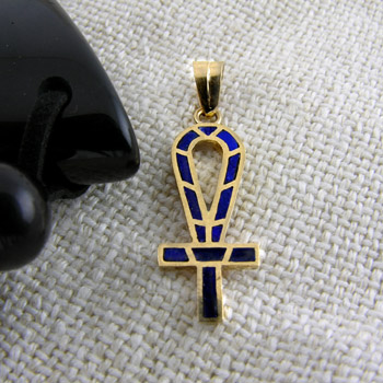 Gold Ankh key pendant with long nick filled with blue Enamel (jewelry gifts)