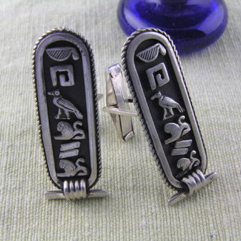 Personalized Silver cartouche cufflinks with dark back ground & filigree border (personalized gifts)