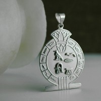 Silver circle Egyptian Cartouche with hieroglyphic symbols border & louts flower.