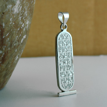Silver Double Sided Egyptian Cartouche with hieroglyphic symbols table on the back.