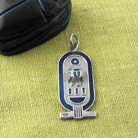 Silver Egyptian cartouche with wide border filled with colored Enamel with scarab on surface (jewelry gifts)