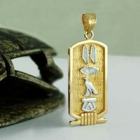 Special 18k SOLID gold double sided Egyptian cartouche with Symbol of power, Health & life on the back. (white gold plated symbols)